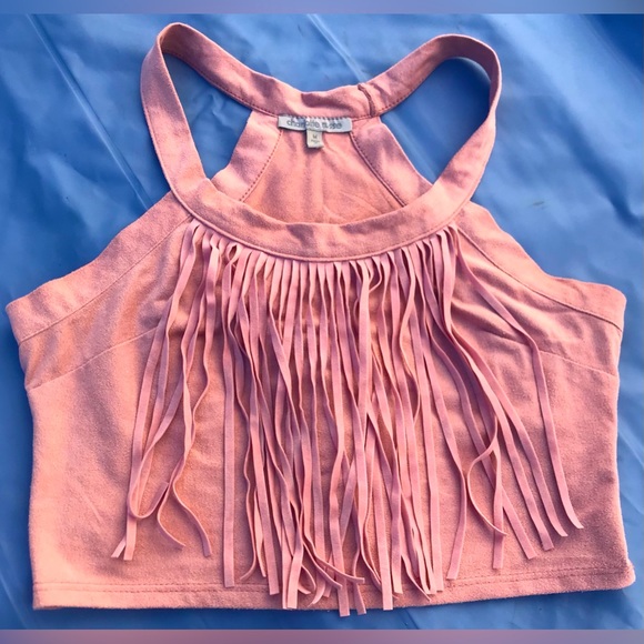 Charlotte Russe Tops - NWOT Charlotte Russe Pastel Pink Faux Suede Tasseled Front Crop Top - M
